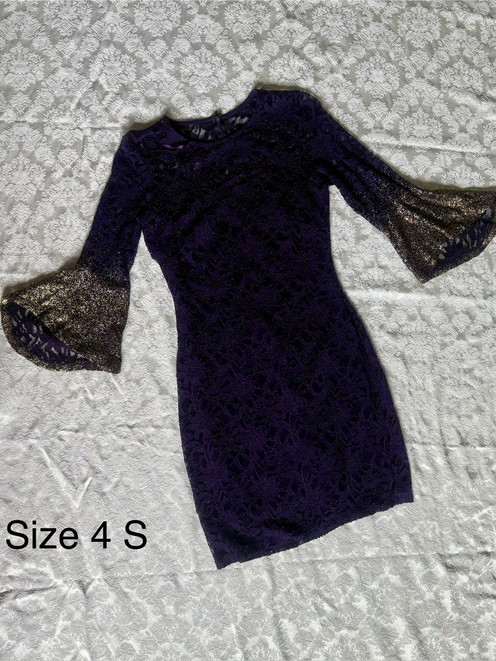 Women's Purple Lace Dress with Metallic Bell Sleeves